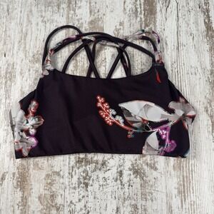 ATHLETA sz M Hyper Focused Sports Bra Purple‎ Floral Powervita Strappy Back